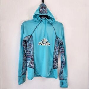 Athleta Boho Aqua Paisley Hoodie Jacket Cycling Top 1/4 zip Tiffany Blue Small